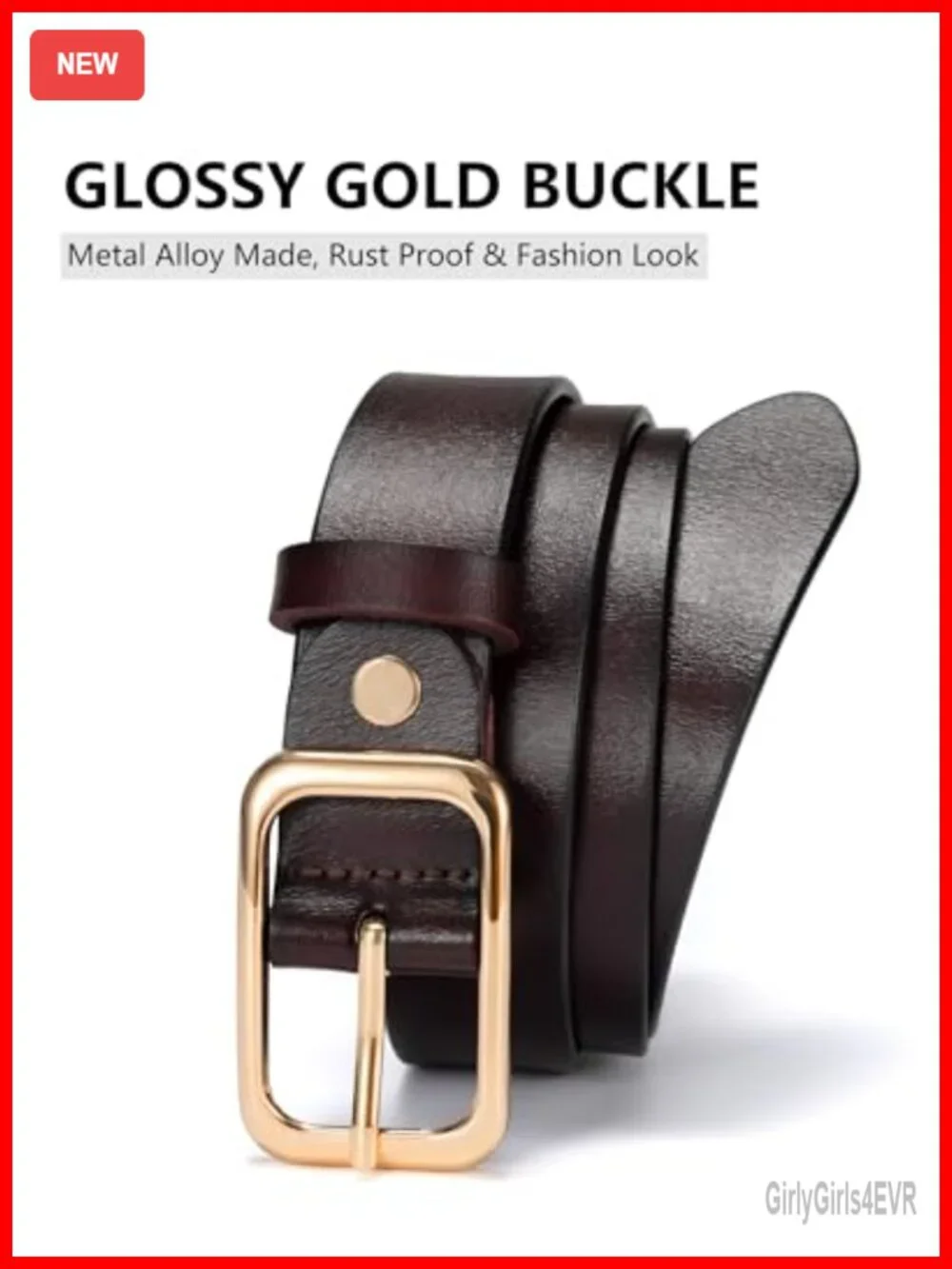 Genuine Leather Women's Belt with Gold Buckle for Jeans Pants